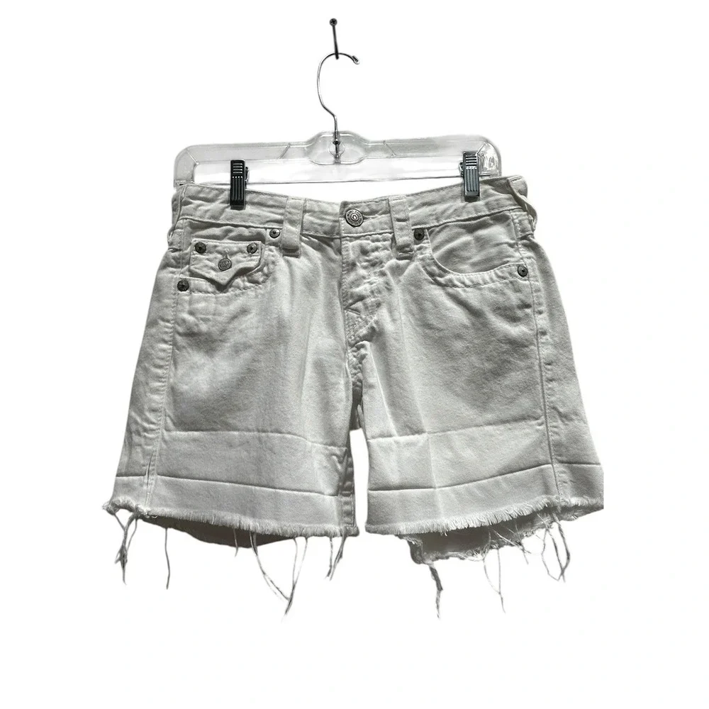 True Religion Jayde White Denim Cut Off Shorts Horseshoe Flap Pocket USA Size 26